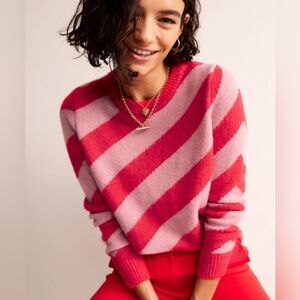 Boden Red and Pink Striped Crew Neck Sweater